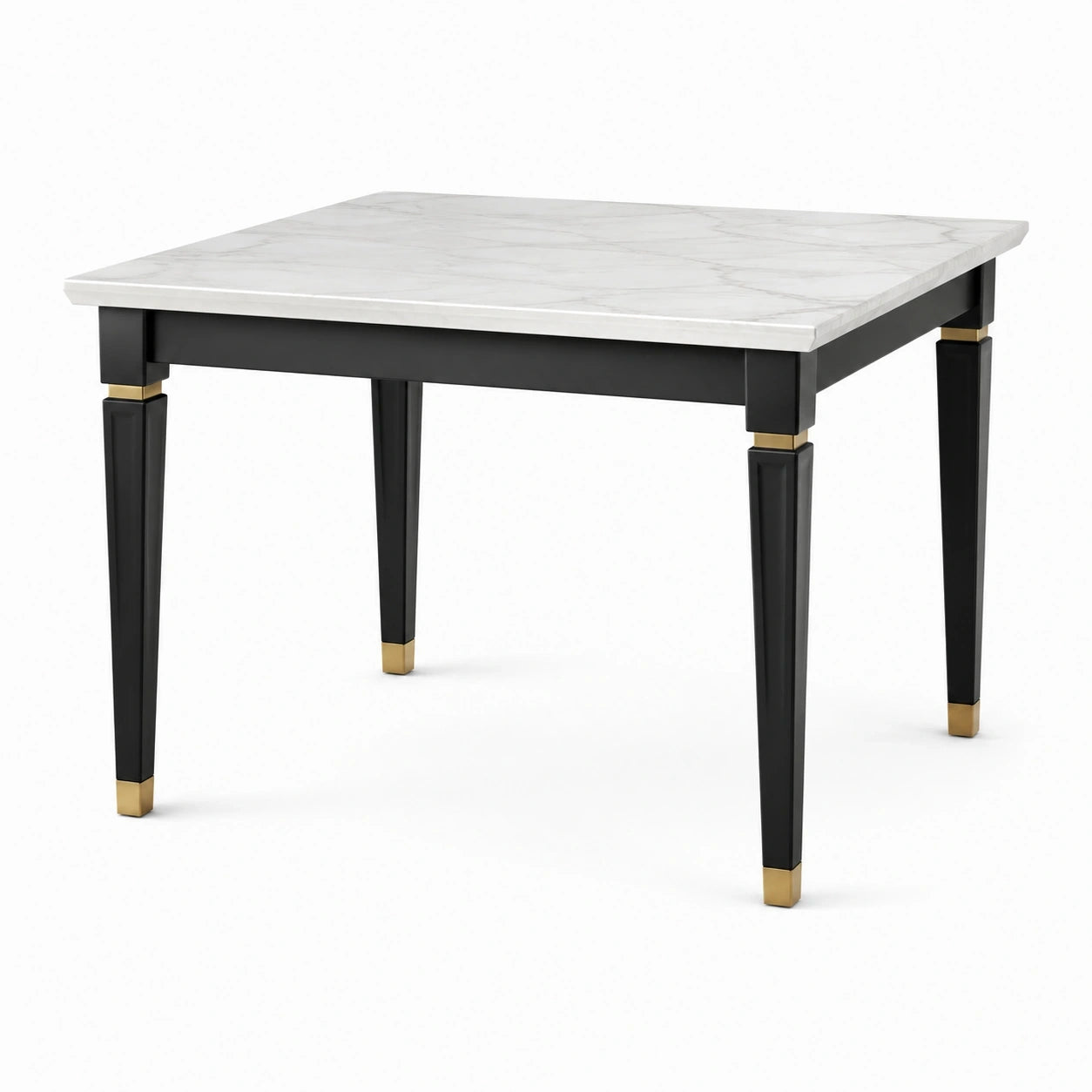Esstisch 100 x 100 x 76 cm in weißer Marmoroptik mit schwarzem Metallgestell und goldfarbenen Akzenten