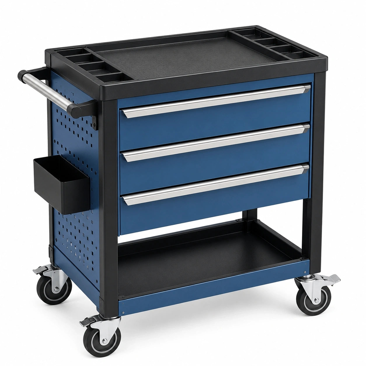 Werkstattwagen aus Stahl mit 3 Schubladen und Rollen, 76 x 46 x 88 cm, Blau/Schwarz/Silber