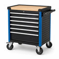 Werkstattwagen aus Stahl, 77 x 47 x 89 cm, Schwarz/Blau/Naturfarben/Silber, 6 Schubladen, Holzarbeitsplatte und Rollen