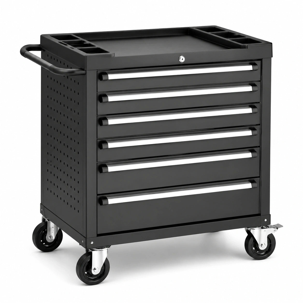 Mobiler Werkstattwagen aus Stahl mit 6 abschließbaren Schubladen, 77 x 46 x 87 cm, Schwarz/Silber
