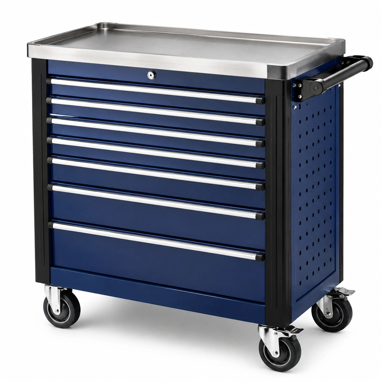 Werkzeugwagen mit 7 Schubladen, 77 x 46 x 95 cm, Blau/Schwarz/Silber, Edelstahl-Arbeitsfläche, 4 Lenkrollen und Schiebegriff