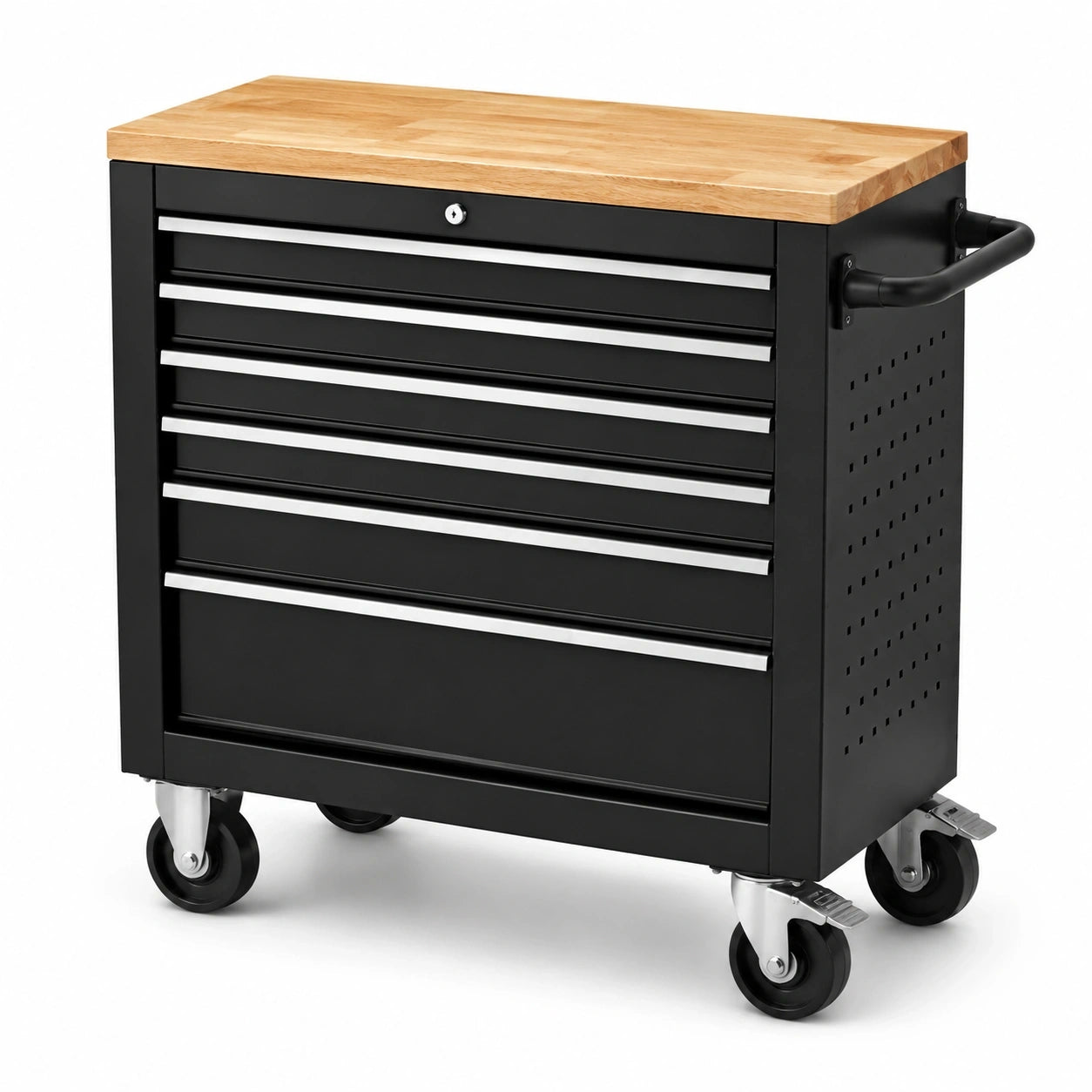 Werkzeugwagen mit Holzarbeitsplatte, 84 x 46 x 88 cm, Schwarz/Natur/Silber, 6 abschließbare Schubladen