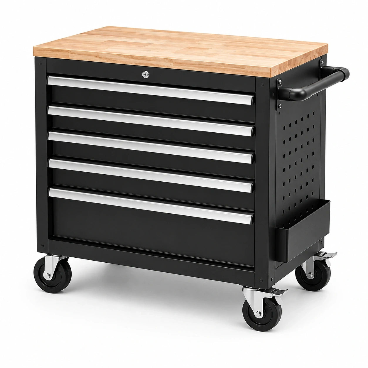 Mobiler Werkzeugwagen mit Holzarbeitsplatte, 6 abschließbaren Schubladen und 4 Lenkrollen, 72 x 46 x 83 cm, Schwarz/Silber/Naturfarben