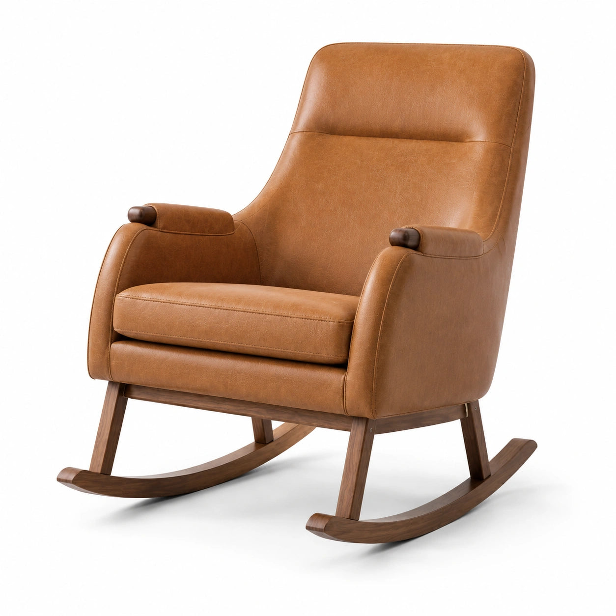 Gepolsterter Schaukelsessel 95 x 76 x 105 cm mit lederähnlichem Bezug und Holzgestell – Cognacbraun/Dunkelbraun