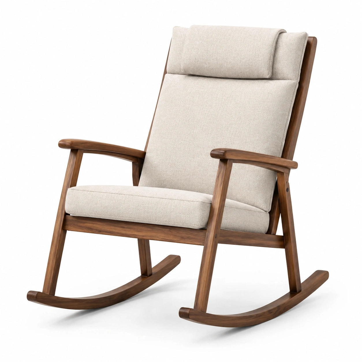 Gepolsterter Holz-Schaukelstuhl in Beige und Braun, 70 x 90 x 105 cm, Retro-Design