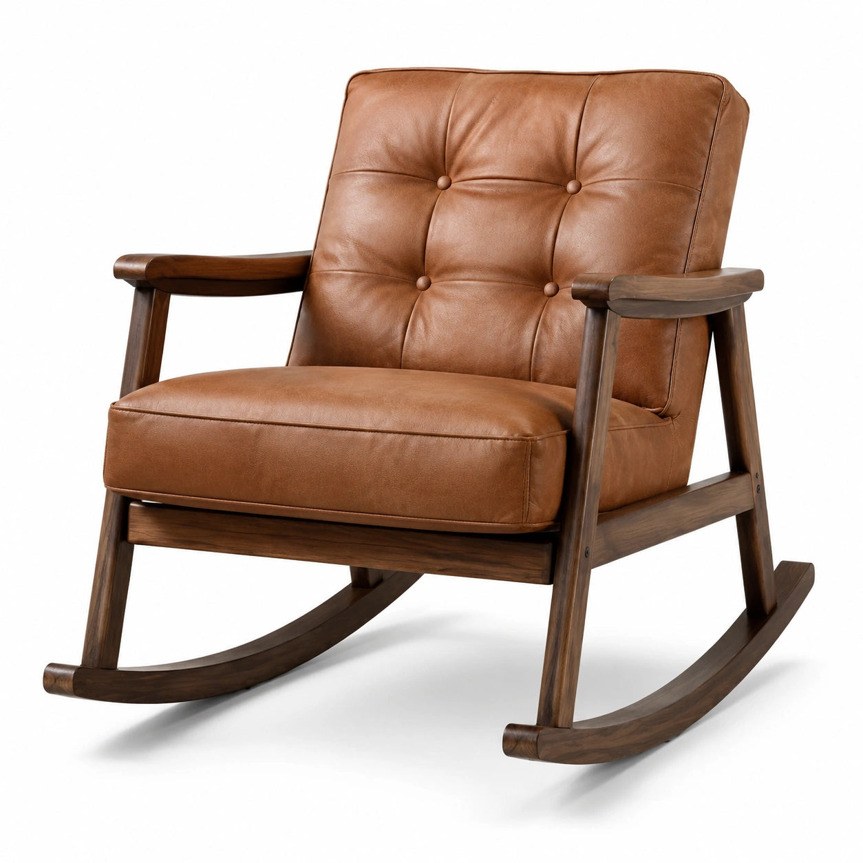 Gepolsterter Schaukelstuhl aus Kunstleder und Holz, Cognacbraun/Dunkelbraun, 70 x 85 x 90 cm, Retro-Stil