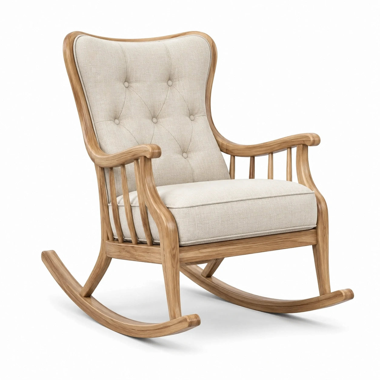 Gepolsterter Schaukelstuhl aus Naturholz in Beige, 70 x 90 x 105 cm, klassisches Design