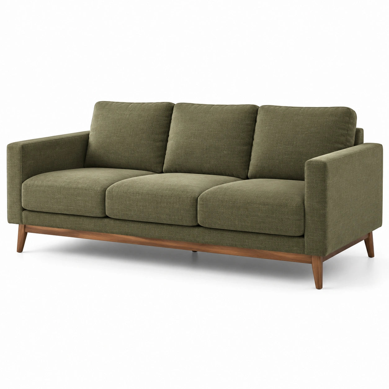 3-Sitzer-Sofa mit olivgrünem Stoffbezug und braunem Holzgestell, 218 x 86 x 84 cm, Mid-Century-Stil
