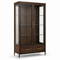 Moderner Vitrinenschrank mit Glastüren und Schubladen, Dunkelbraun/Schwarz/Goldfarben, 100 x 40 x 190 cm