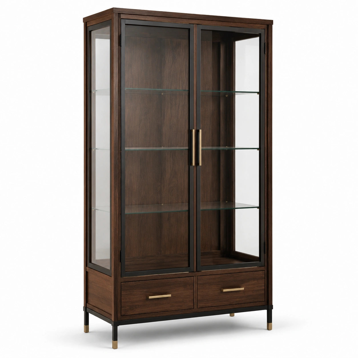 Moderner Vitrinenschrank mit Glastüren und Schubladen, Dunkelbraun/Schwarz/Goldfarben, 100 x 40 x 190 cm