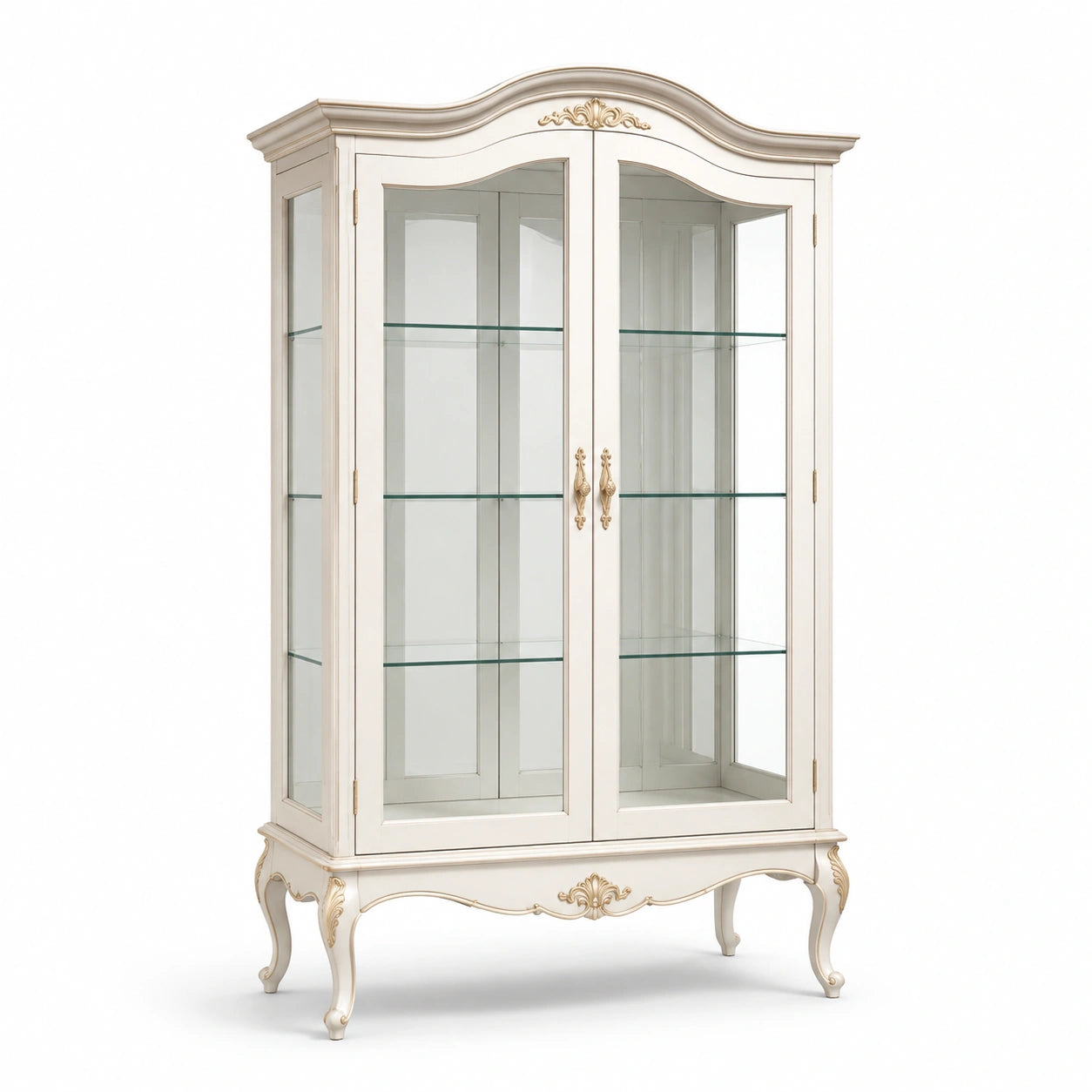 Klassische Vitrine aus Holzwerkstoff und Glas, Elfenbein/Gold/Transparent, 110 x 45 x 195 cm, mit 2 Glastüren