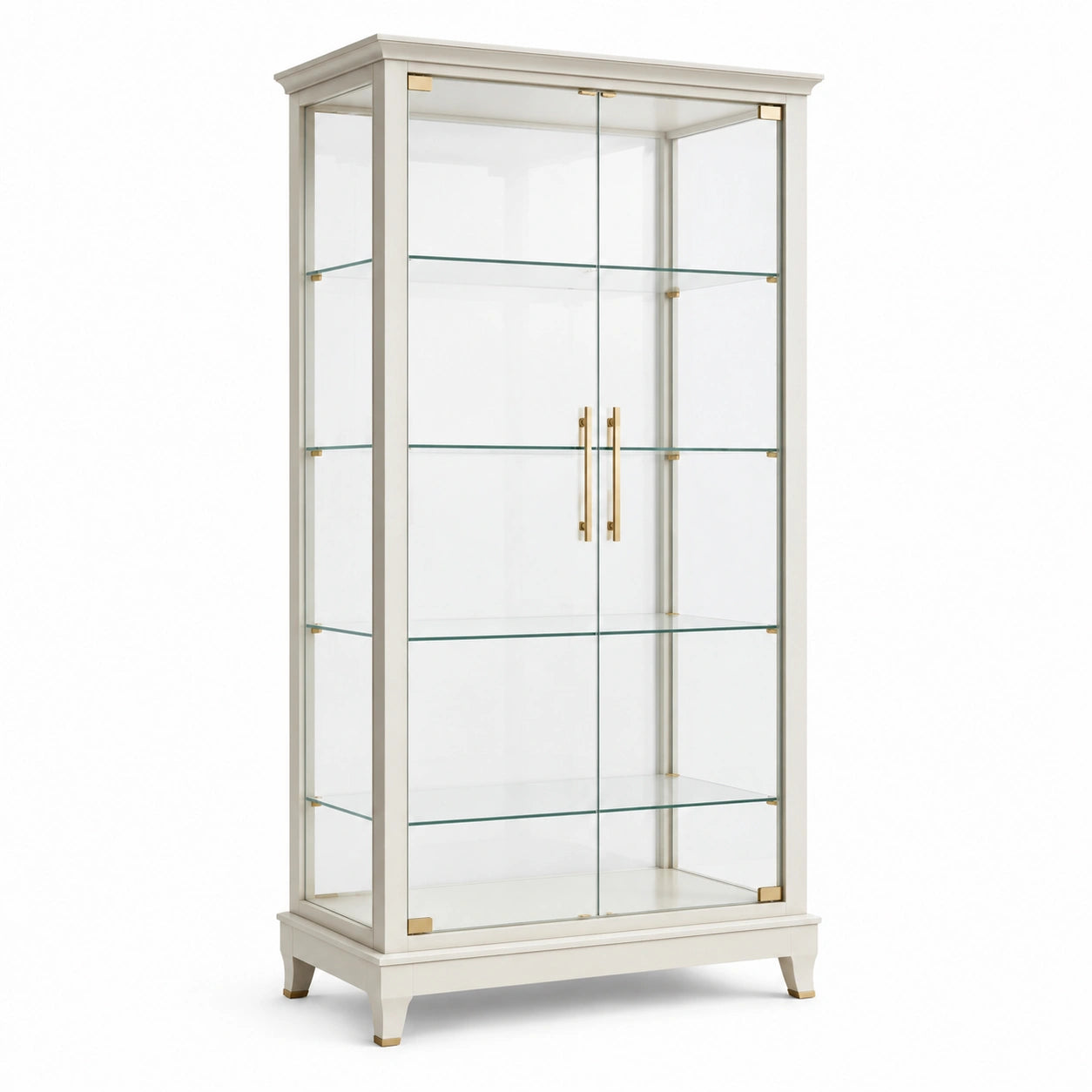 Vitrinenschrank mit 2 Glastüren und 4 Glasböden, Cremeweiß/Goldfarben/Transparent, 90 x 40 x 180 cm