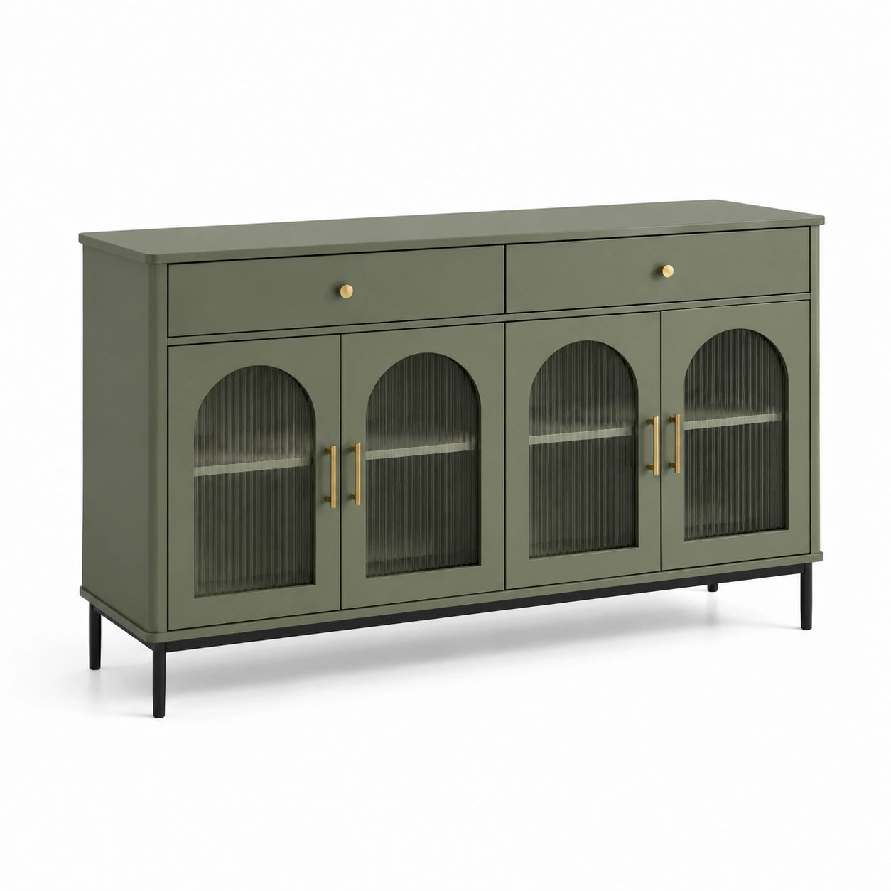 Sideboard aus Holzwerkstoff und Riffelglas, Olivgrün, 140 x 40 x 90 cm, mit 4 Türen und 2 Schubladen