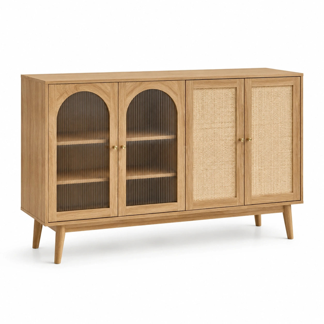 Sideboard aus Holzwerkstoff mit Rattangeflecht und Riffelglas, Natur/Dunkelbraun, 160 x 40 x 85 cm