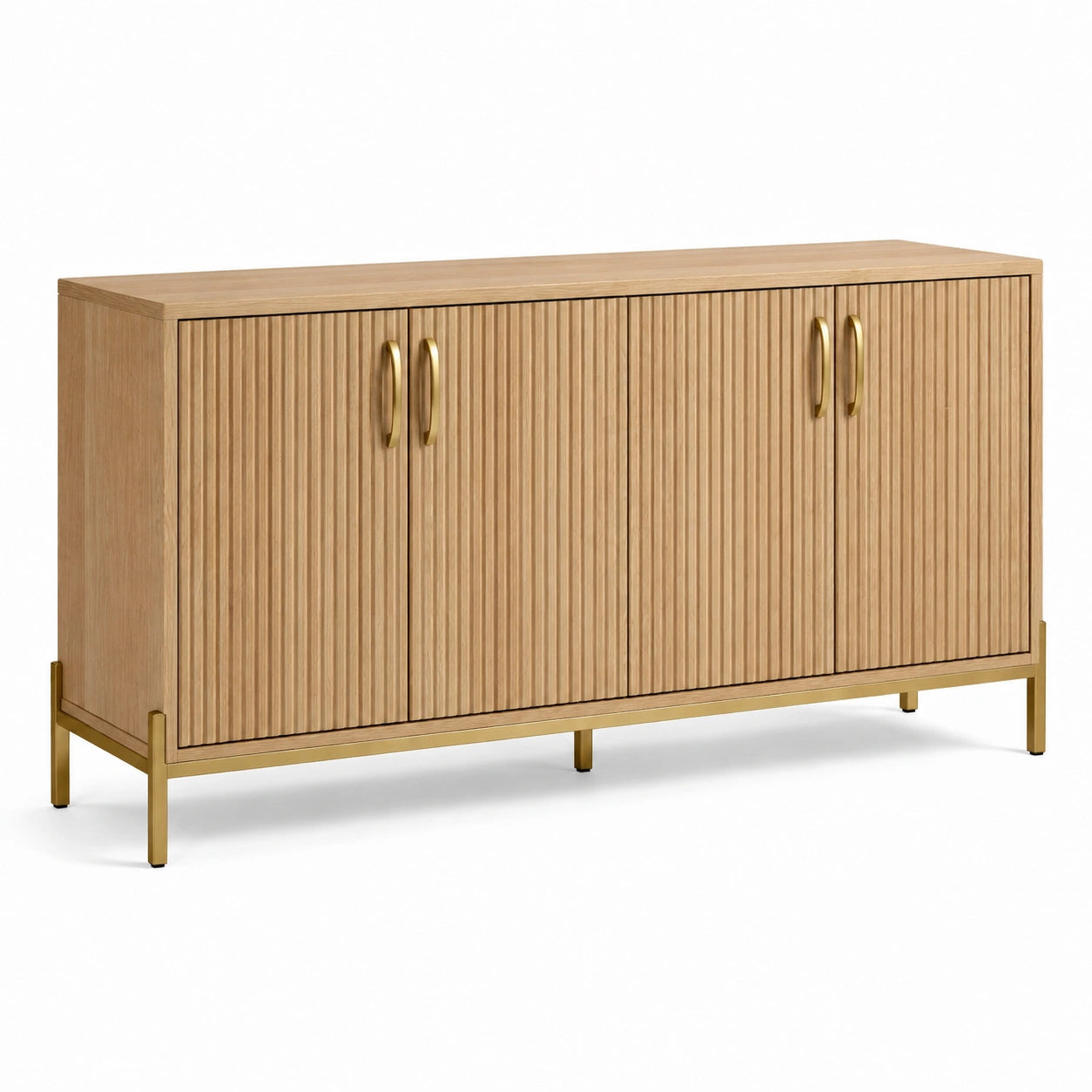 Modernes Sideboard mit 4 geriffelten Türen, Natur/Gold, 160 x 40 x 80 cm
