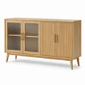 Sideboard aus Holzwerkstoff mit 4 Türen, geriffeltem Glas und strukturierten Fronten, 160 x 40 x 80 cm, Natur/Gold/Grau