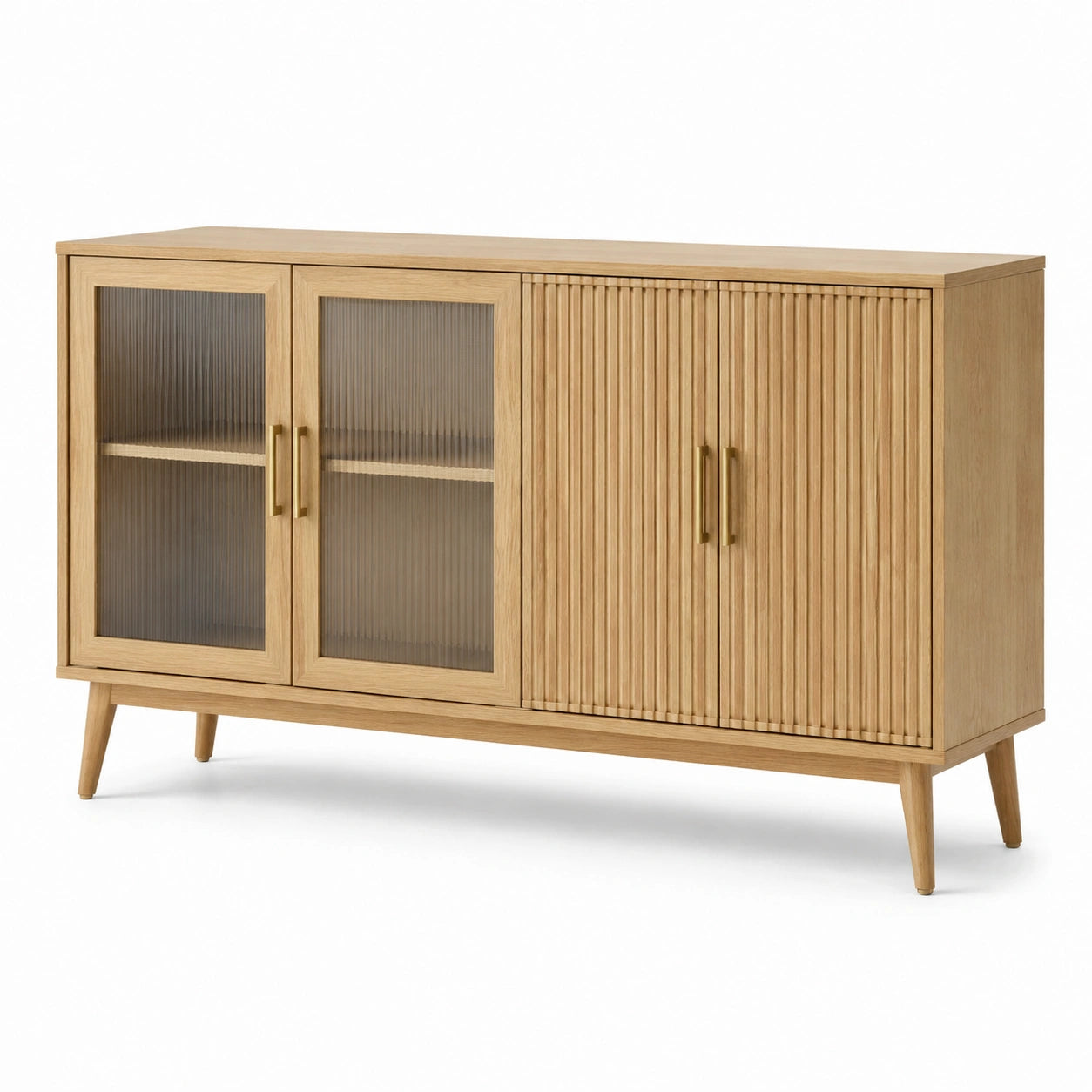 Sideboard aus Holzwerkstoff mit 4 Türen, geriffeltem Glas und strukturierten Fronten, 160 x 40 x 80 cm, Natur/Gold/Grau