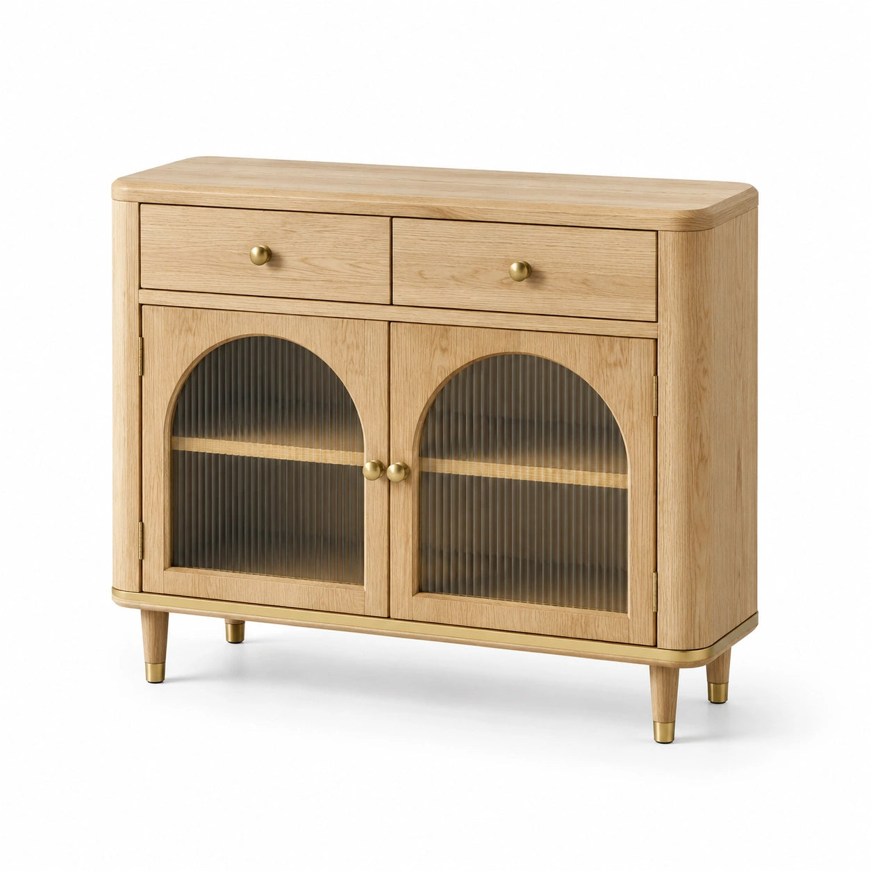 Holz-Sideboard in Naturholz, Gold und Grau, 110 x 40 x 90 cm, mit 2 Schubladen und geriffelten Glastüren