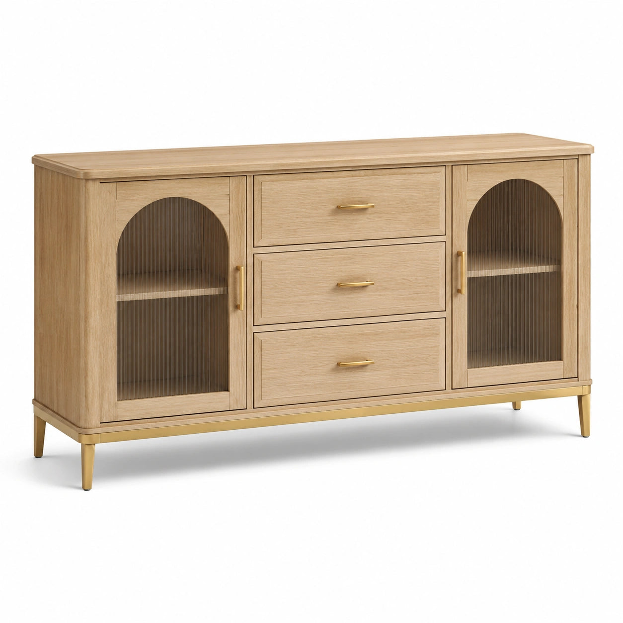 Modernes Sideboard mit 3 Schubladen und 2 Glastüren, Natur/Gold/Braun, 160 x 40 x 80 cm