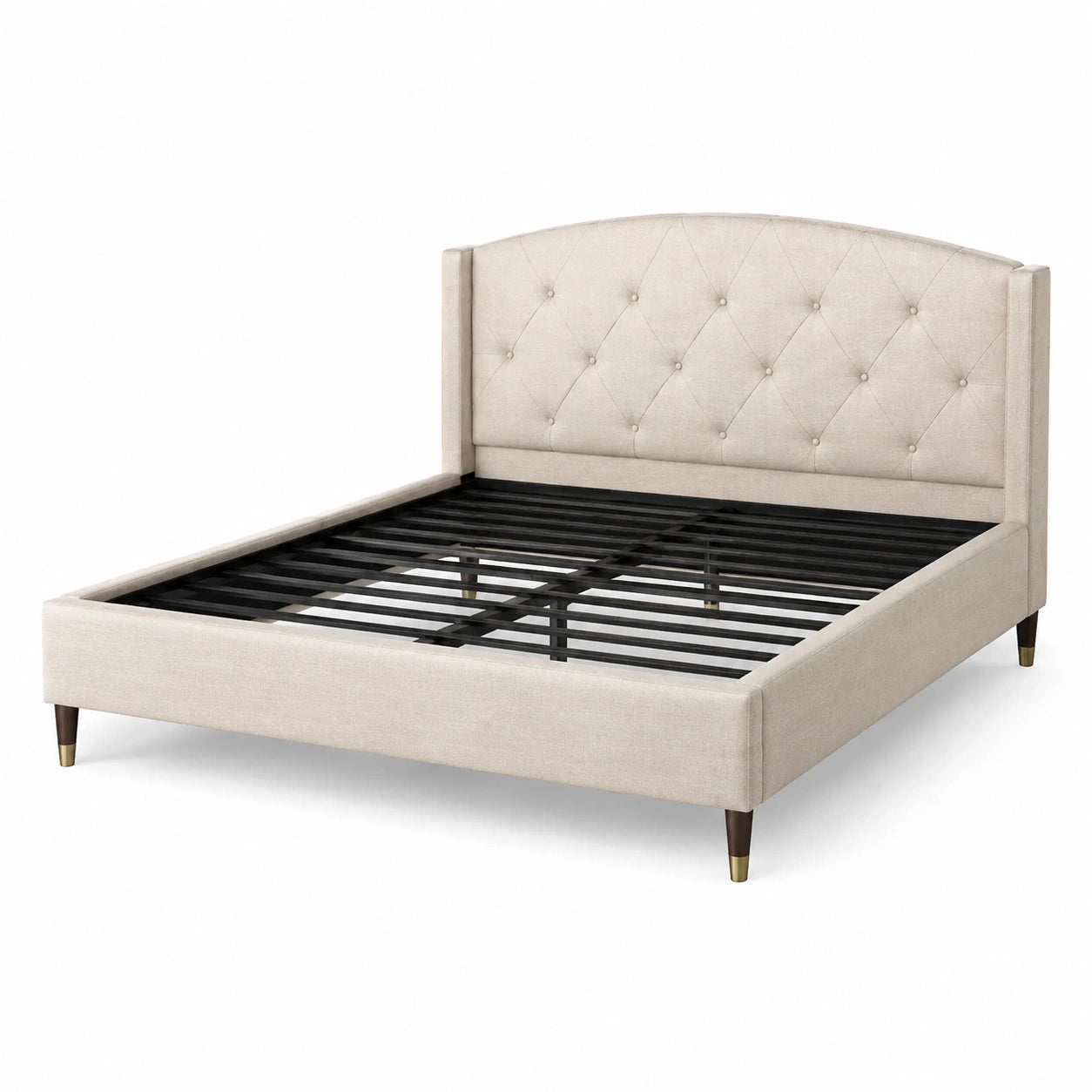 Polsterbett Beige für Matratze 160 x 200 cm, Gesamtmaß 215 x 172 x 115 cm, mit schwarzem Metall-Lattenrost