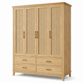Kleiderschrank aus Holz mit Rattangeflecht, Natur/Gold, 160 x 55 x 200 cm, 4 Türen und 4 Schubladen