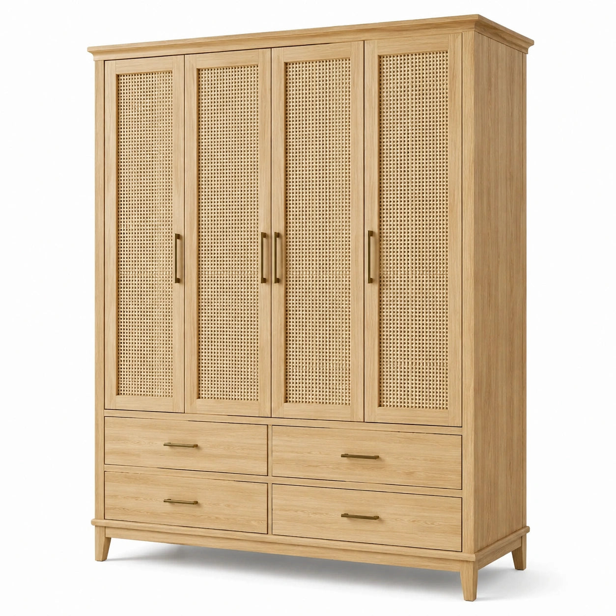 Kleiderschrank aus Holz mit Rattangeflecht, Natur/Gold, 160 x 55 x 200 cm, 4 Türen und 4 Schubladen
