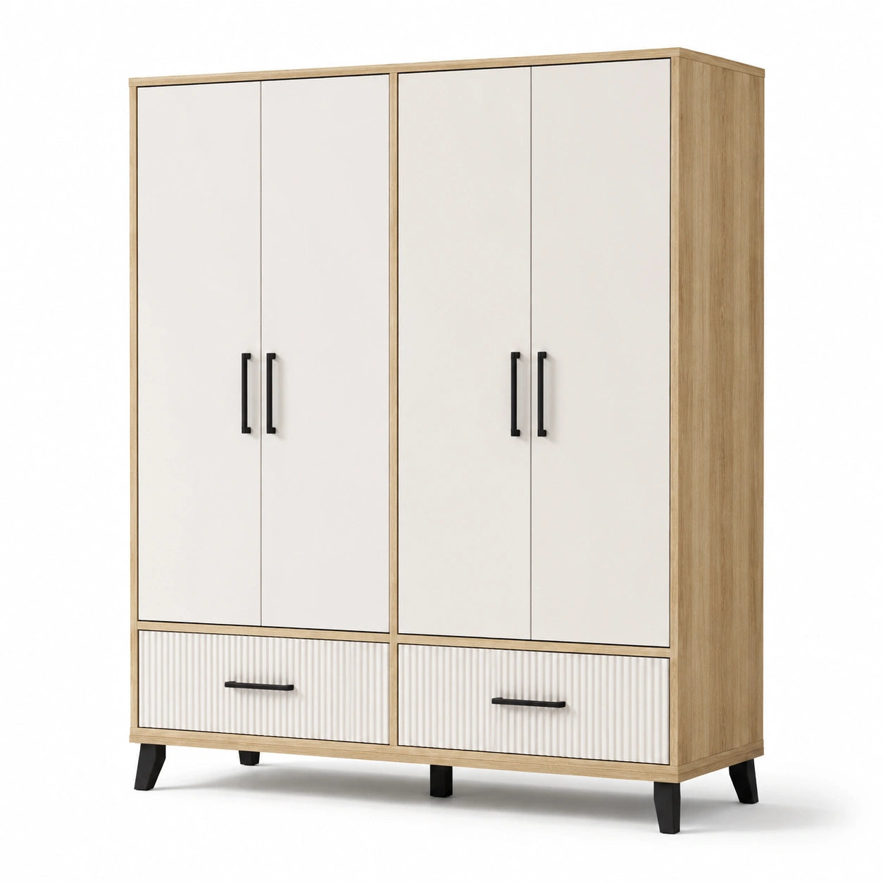 Moderner Kleiderschrank aus Holzwerkstoff mit 4 Türen und 2 Schubladen, Weiß/Eiche/Schwarz, 160 x 55 x 200 cm