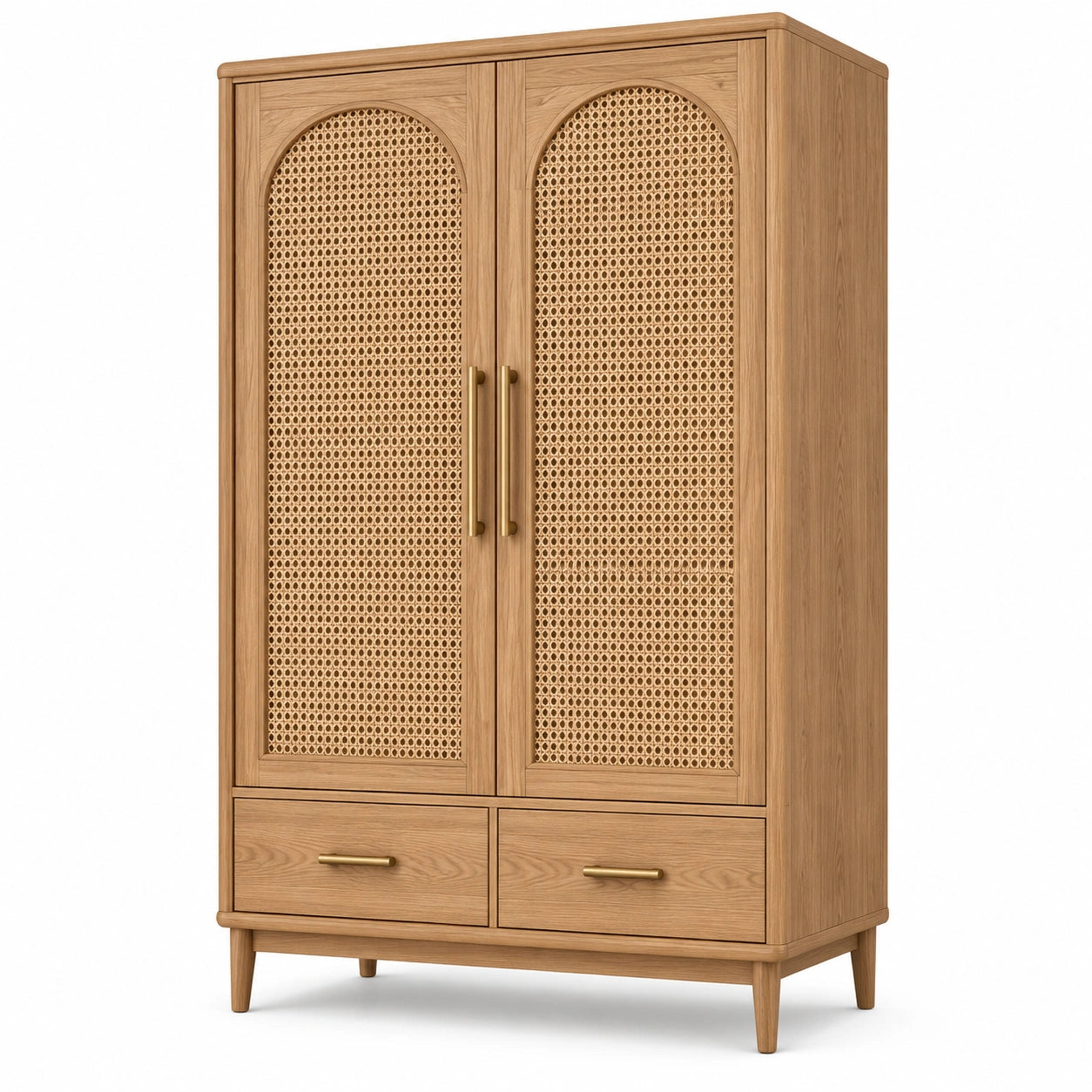 Kleiderschrank mit Rattangeflecht, 2 Türen und 2 Schubladen, 100 x 50 x 180 cm, Naturbraun/Gold