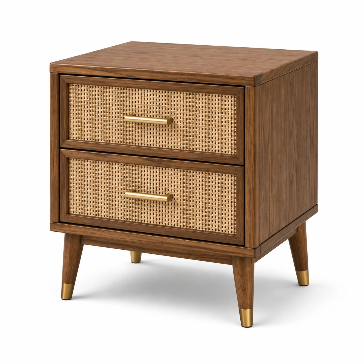 Nachttisch aus Holzwerkstoff und Rattan mit 2 Schubladen, Braun/Natur/Goldfarben, 50 x 40 x 60 cm, Retro-Stil