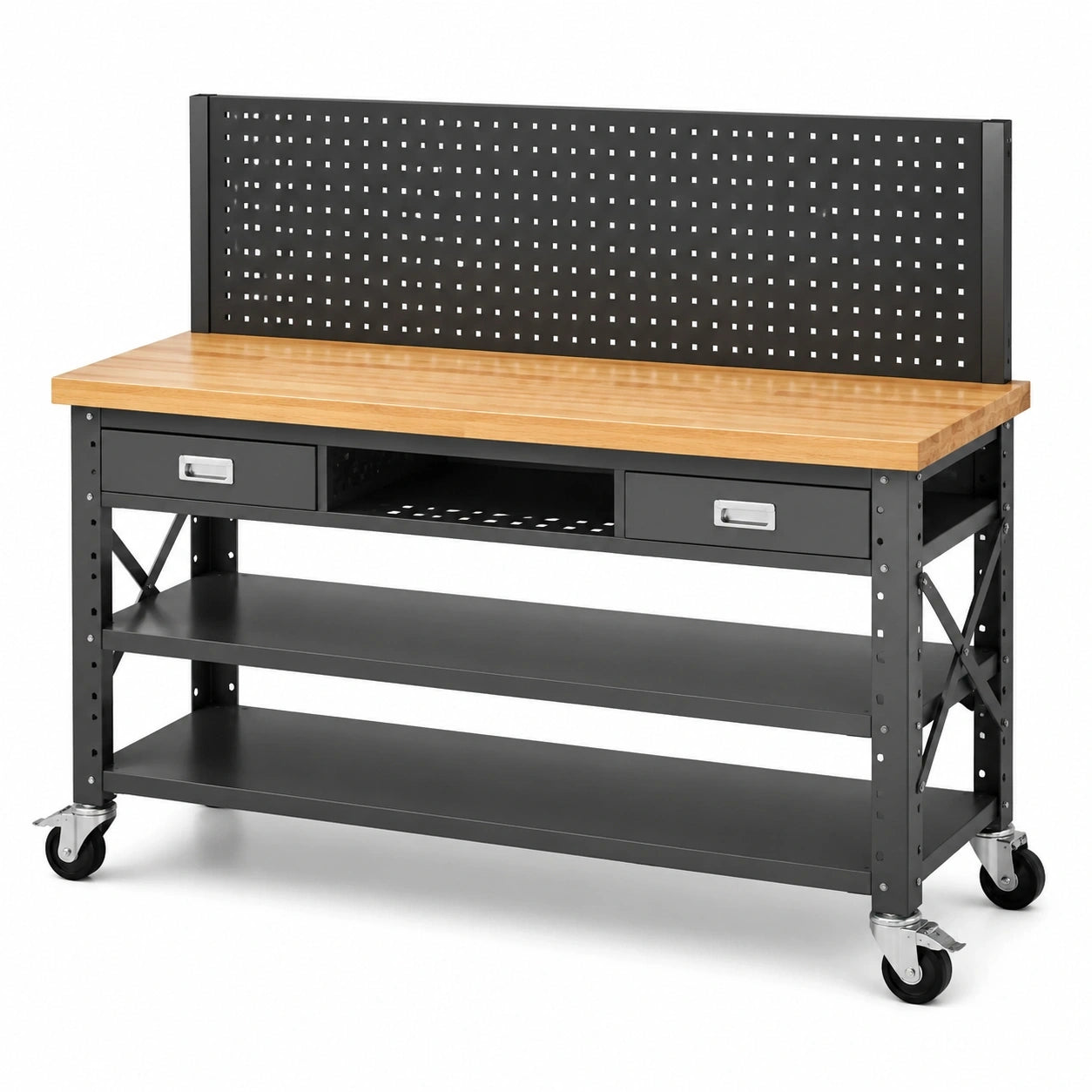 Mobile Werkbank aus Stahl und Holz, 120 x 60 x 150 cm, Schwarz/Naturfarben/Silber, mit Lochwand, 2 Schubladen, 2 Ablagen und Rollen