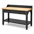 Werkbank aus Stahl und Massivholz mit 2 Schubladen und Ablage, Schwarz/Natur, 120 x 60 x 95 cm