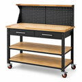 Mobile Werkbank 120 x 60 x 150 cm aus Stahl und Holz in Schwarz/Natur/Silber mit Lochwand, 2 Schubladen, 3 Ablagen und Rollen
