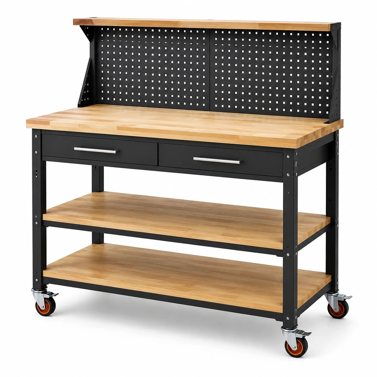 Mobile Werkbank 120 x 60 x 150 cm aus Stahl und Holz in Schwarz/Natur/Silber mit Lochwand, 2 Schubladen, 3 Ablagen und Rollen