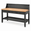 Werkbank mit Holzarbeitsplatte, Lochwand, 2 Schubladen und Ablage, 120 x 60 x 150 cm, Schwarz/Natur