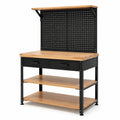 Werkbank aus Stahl und Bambus, 120 x 60 x 160 cm, Schwarz/Natur, mit Lochwand, 2 Schubladen und 3 Ablagen