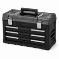 Robuster Werkzeugkoffer mit 3 Schubladen und Tragegriff, 57 x 35 x 47 cm, Schwarz/Silber/Transparent