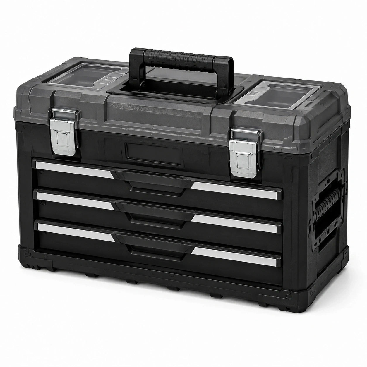 Robuster Werkzeugkoffer mit 3 Schubladen und Tragegriff, 57 x 35 x 47 cm, Schwarz/Silber/Transparent